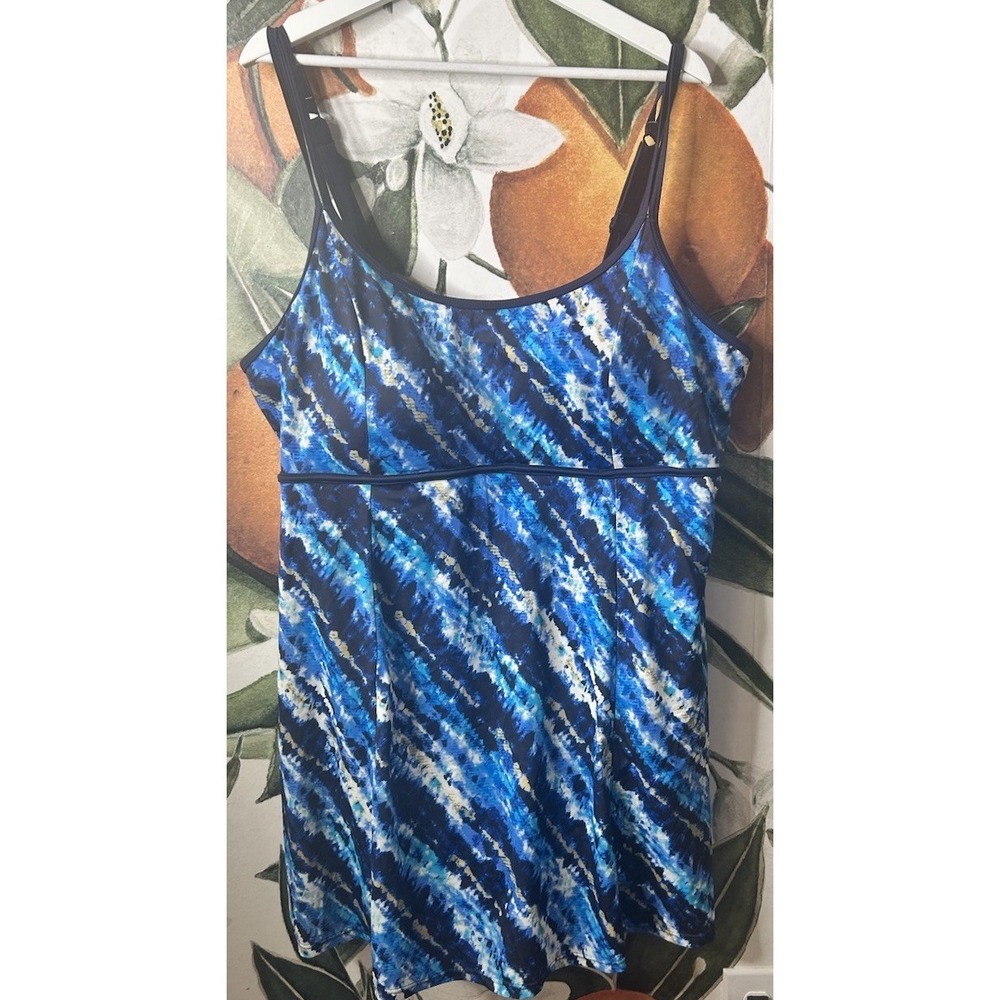 Swimsuits for All Size 24 Blue Watercolor Tankini Dress Swimwear